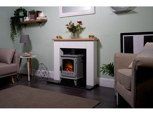 Chester Stove Suite in Pure White with Aviemore Electric Stove in Grey Enamel, 39 Inch