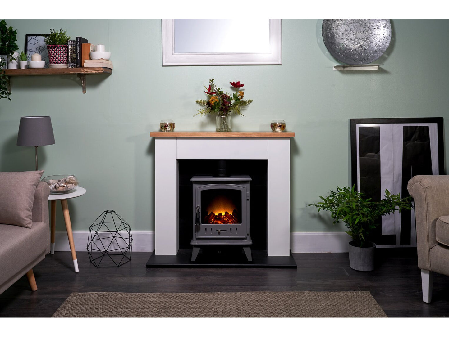 Chester Stove Suite in Pure White with Aviemore Electric Stove in Grey Enamel, 39 Inch