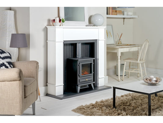 Oxford Stove Fireplace in Pure White with Hudson Electric Stove in Black, 48 Inch