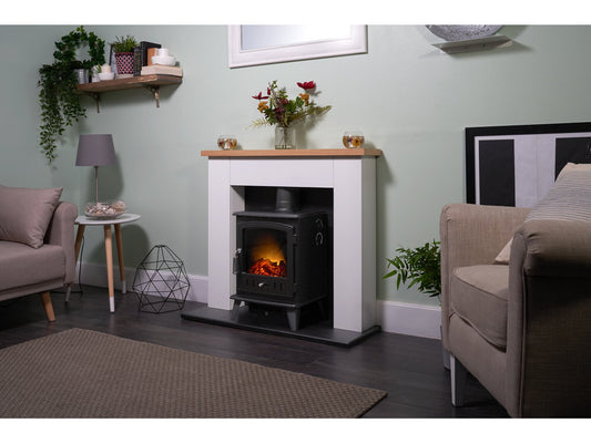 Chester Stove Suite in Pure White with Aviemore Electric Stove in Black, 39 Inch