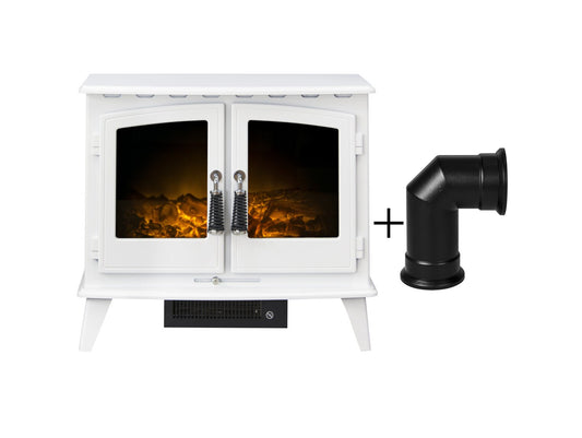 Woodhouse Electric Stove in Pure White with Angled Stove Pipe in Black