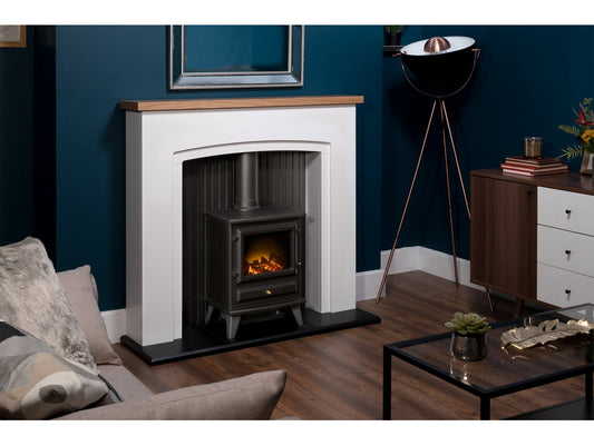 Siena Stove Fireplace in Pure White with Hudson Electric Stove in Black, 48 Inch