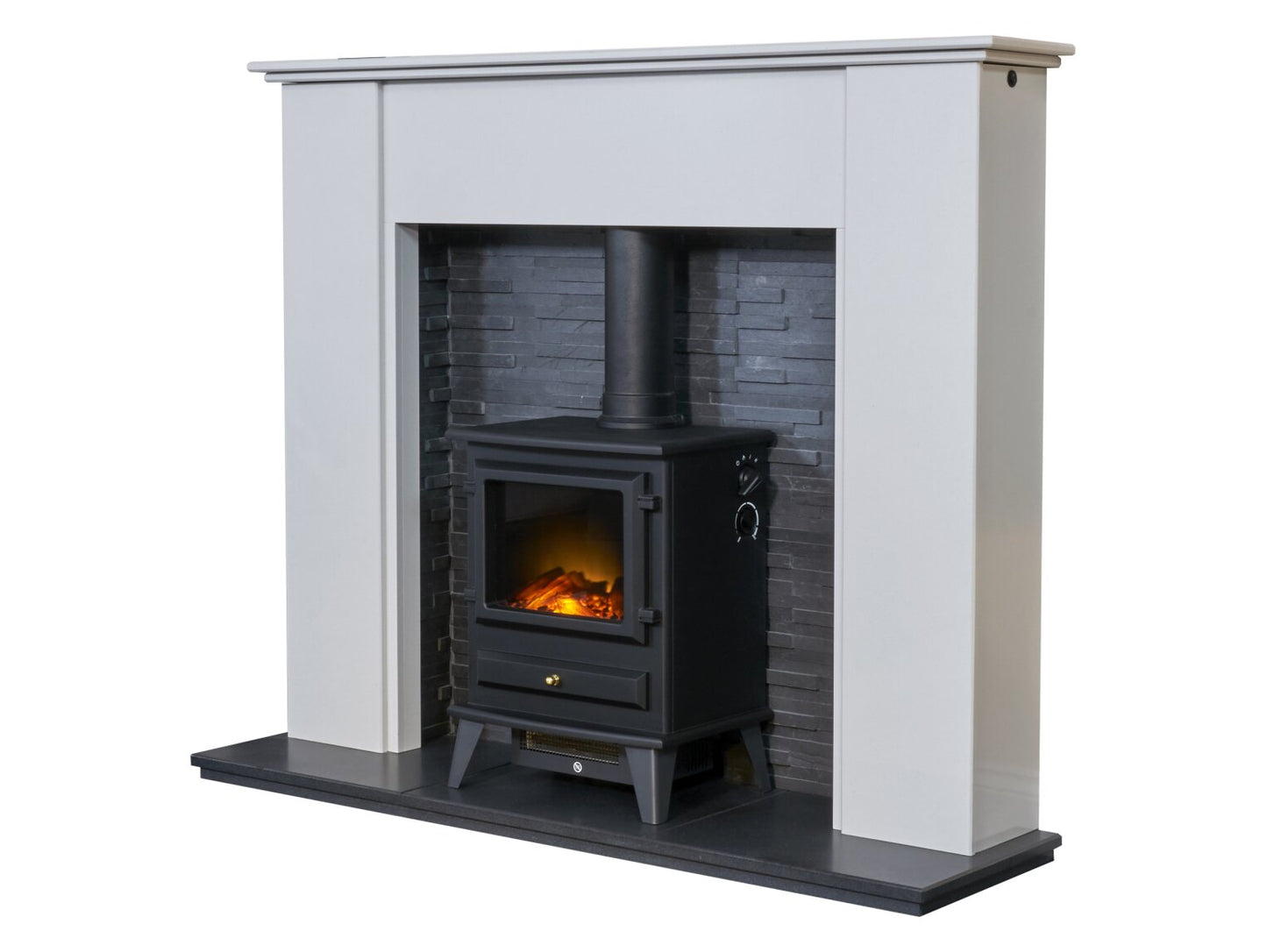 Montara Crystal White Marble Fireplace with Downlights & Hudson Electric Stove in Black, 54 Inch