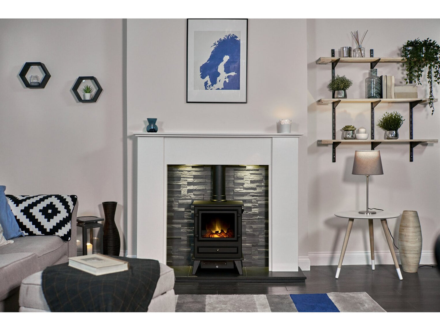 Montara Crystal White Marble Fireplace with Downlights & Hudson Electric Stove in Black, 54 Inch