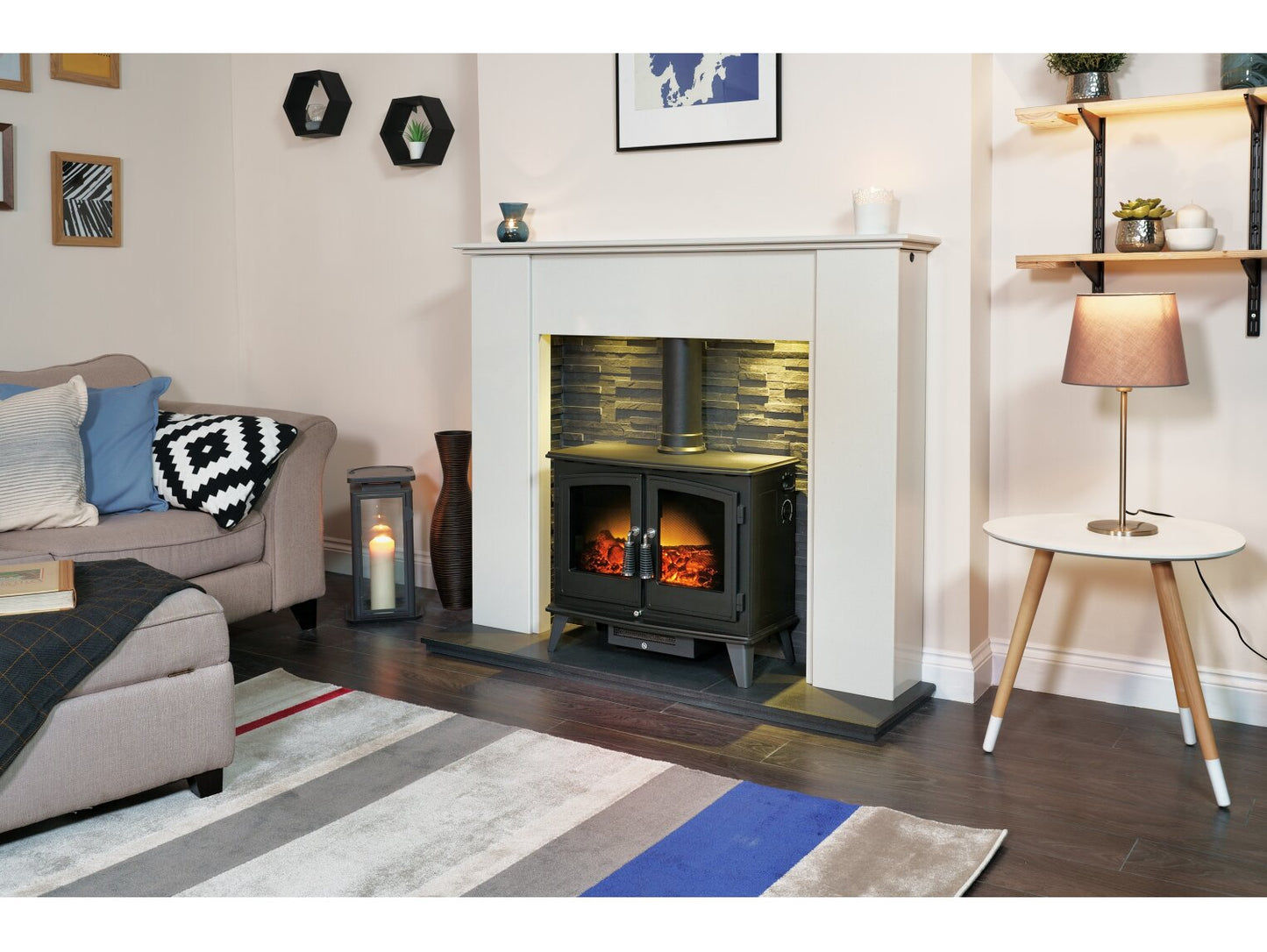 Montara Crystal White Marble Fireplace with Downlights & Woodhouse Electric Stove in Black, 54 Inch