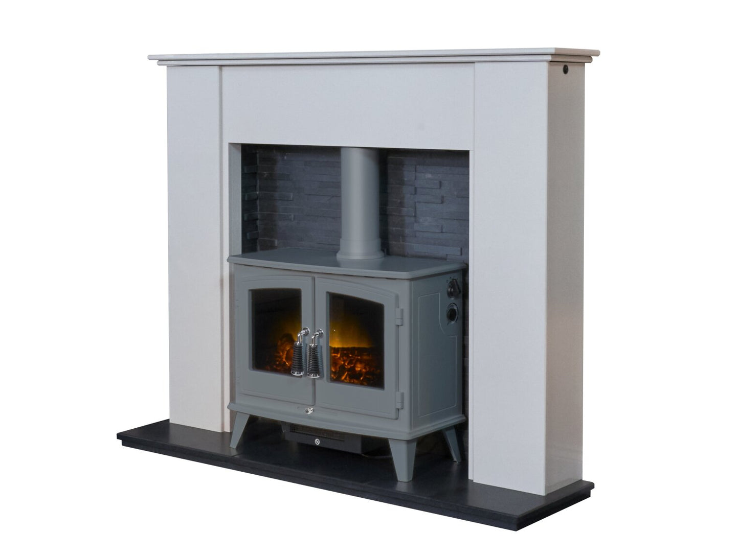 Montara Crystal White Marble Fireplace with Downlights & Woodhouse Electric Stove in Grey, 54 Inch