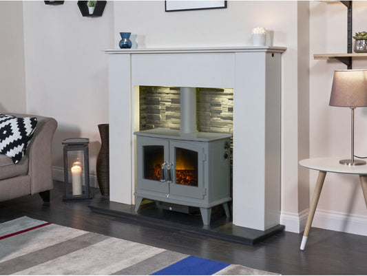 Montara Crystal White Marble Fireplace with Downlights & Woodhouse Electric Stove in Grey, 54 Inch