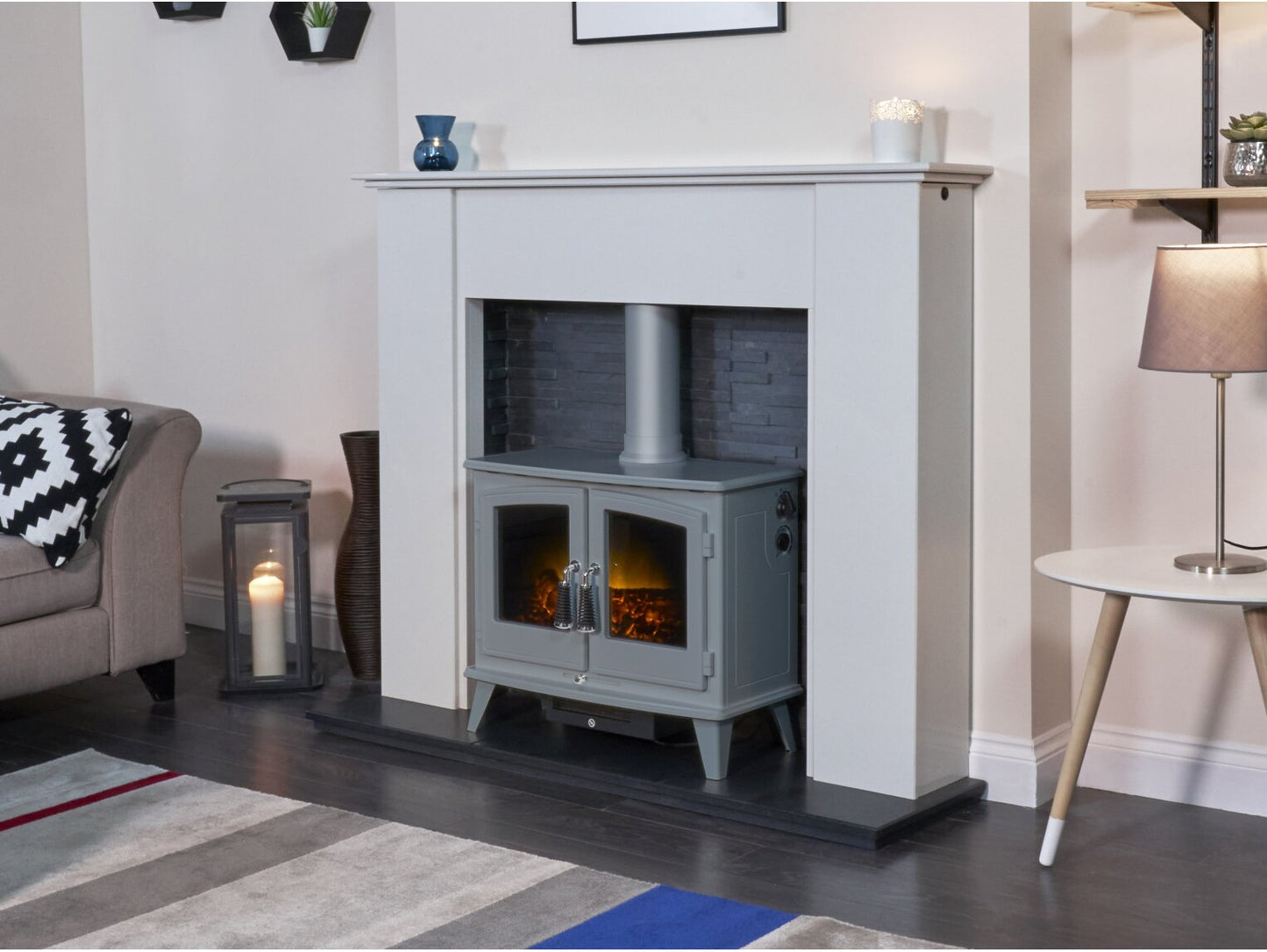 Montara Crystal White Marble Fireplace with Downlights & Woodhouse Electric Stove in Grey, 54 Inch