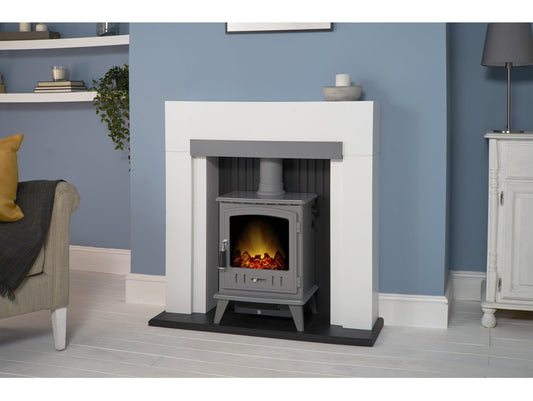 Salzburg in Pure White & Grey with Aviemore Electric Stove in Grey Enamel, 39 Inch