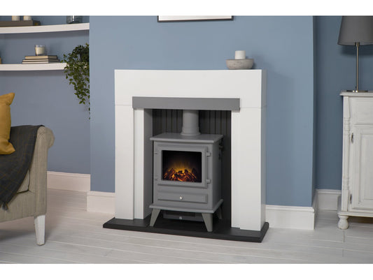 Salzburg in Pure White & Grey with Hudson Electric Stove in Grey, 39 Inch