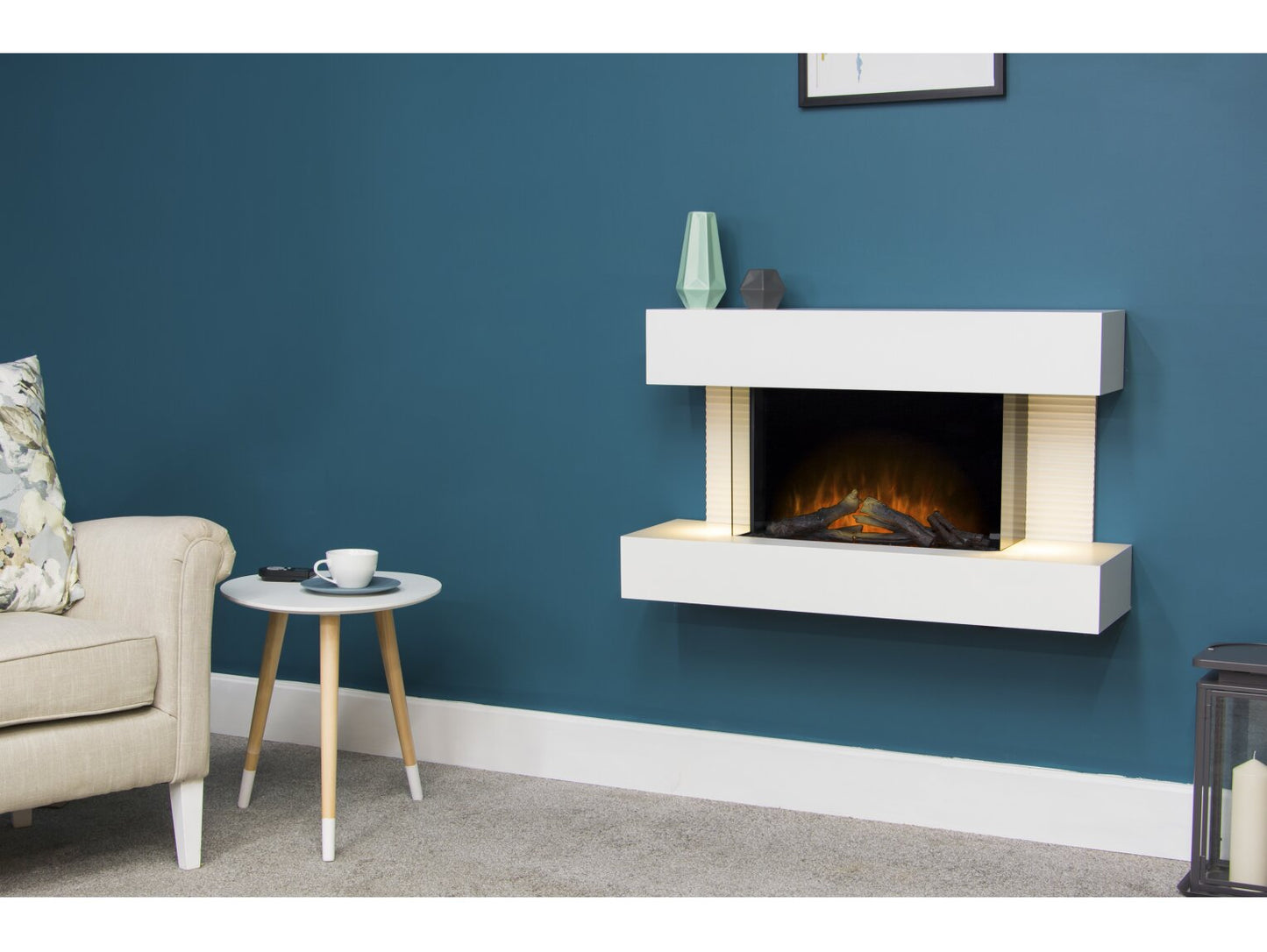 Altair Wall Mounted Electric Fire Suite with Downlights & Remote Control in Pure White