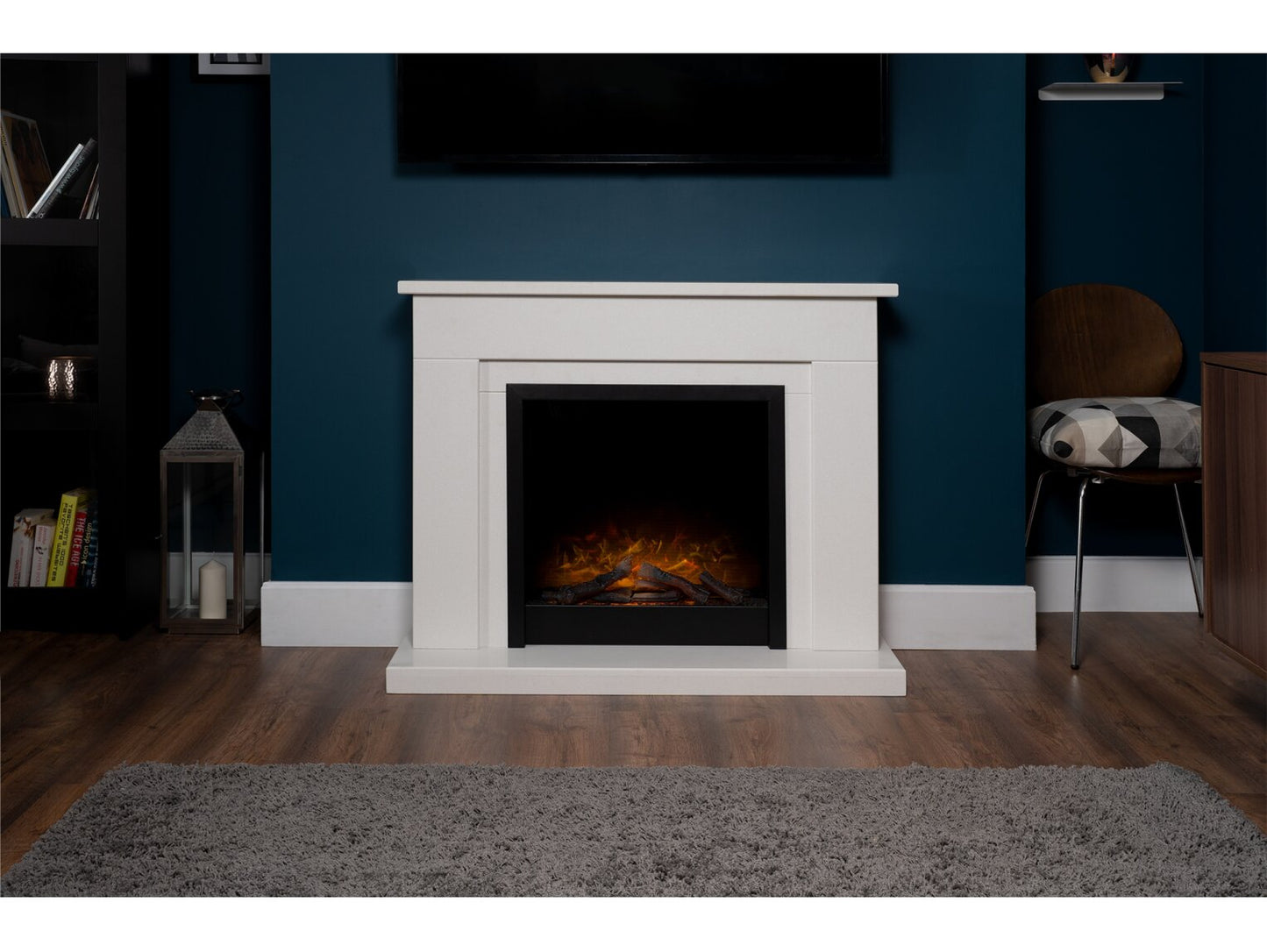 Brixton White Marble Fireplace with Ontario Black Electric Fire, 43 Inch