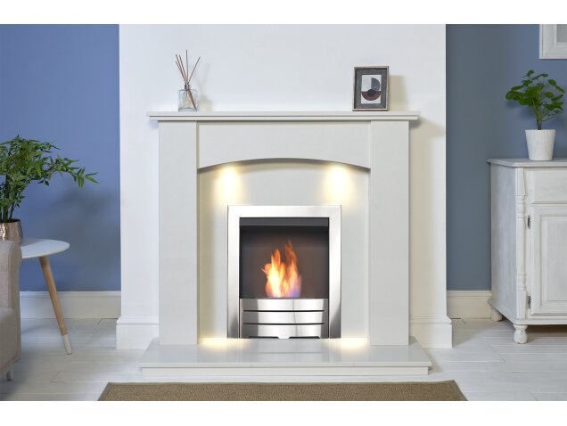 Naples White Marble Fireplace with Downlights & Colorado Brushed Steel Bio Ethanol Fire, 48 Inch