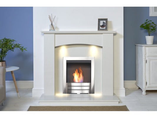 Naples White Marble Fireplace with Downlights & Colorado Brushed Steel Bio Ethanol Fire, 48 Inch