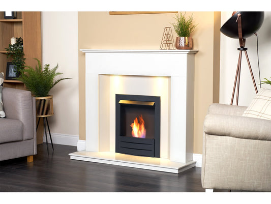 Alora Crystal White Marble Fireplace with Colorado Black Bio Ethanol Fire, 48 Inch