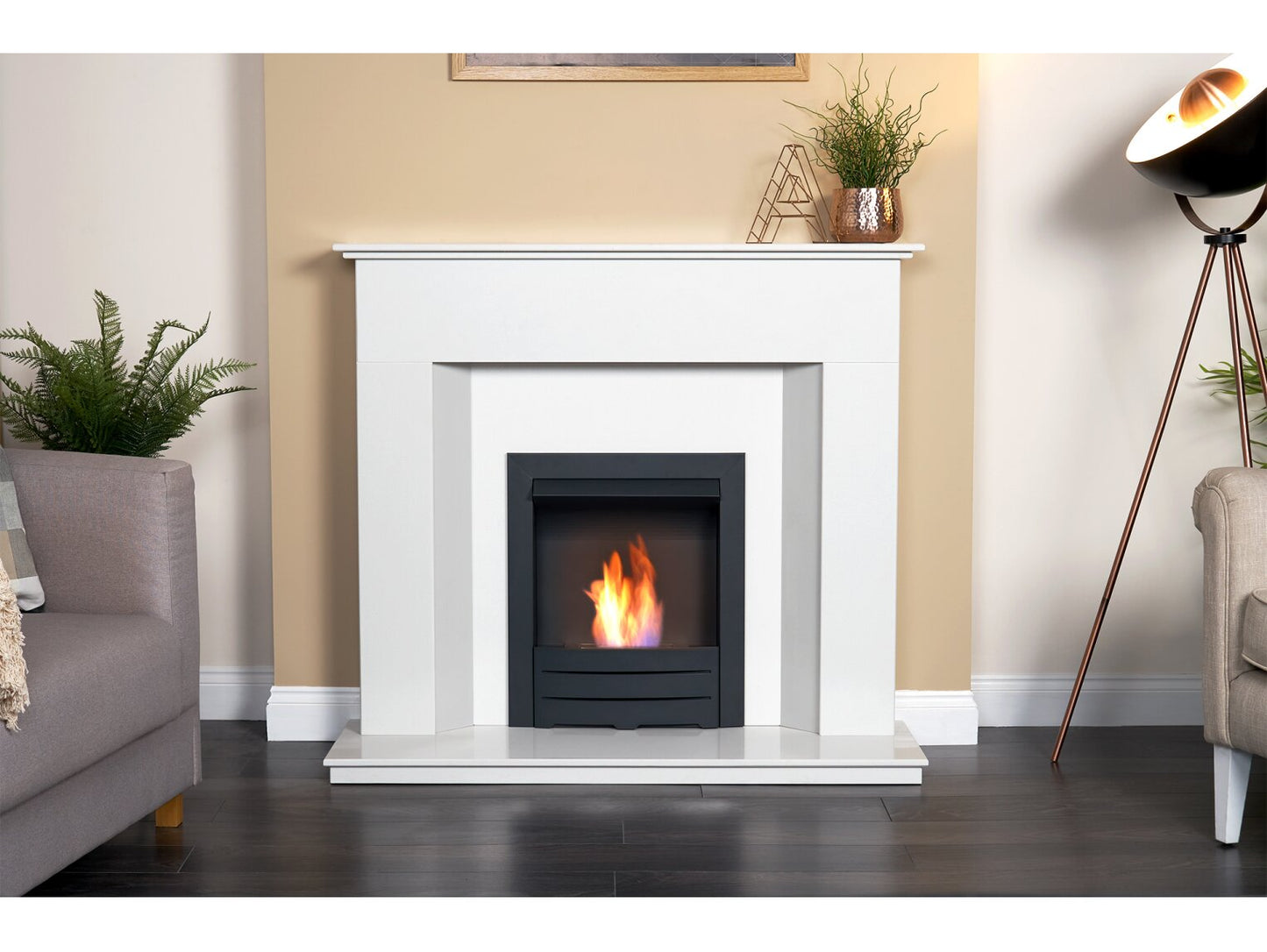 Alora Crystal White Marble Fireplace with Colorado Black Bio Ethanol Fire, 48 Inch