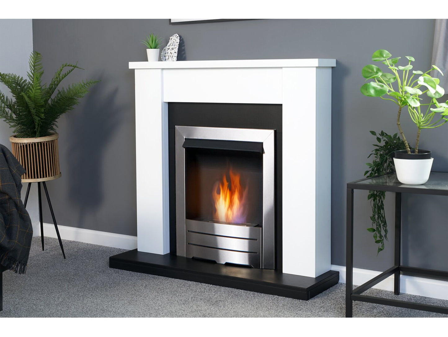 Solus Fireplace in Black & White with Colorado Bio Ethanol Fire in Brushed Steel, 39 Inch