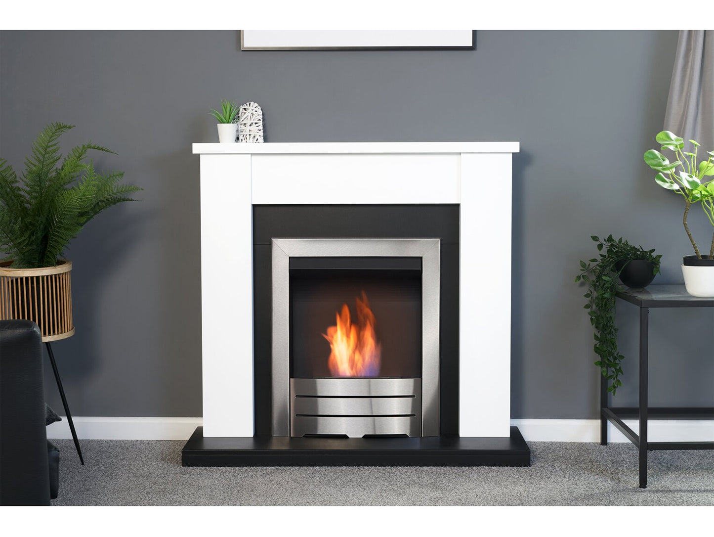 Solus Fireplace in Black & White with Colorado Bio Ethanol Fire in Brushed Steel, 39 Inch