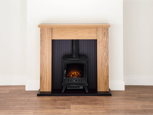 New England Stove Fireplace in Oak with Aviemore Electric Stove in Black, 48 Inch