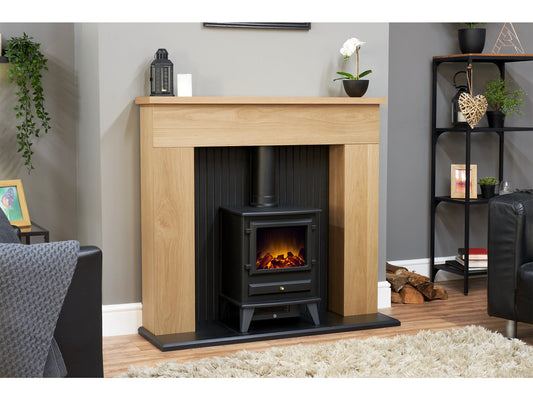 Innsbruck Stove Fireplace in Oak with Hudson Electric Stove in Black, 45 Inch