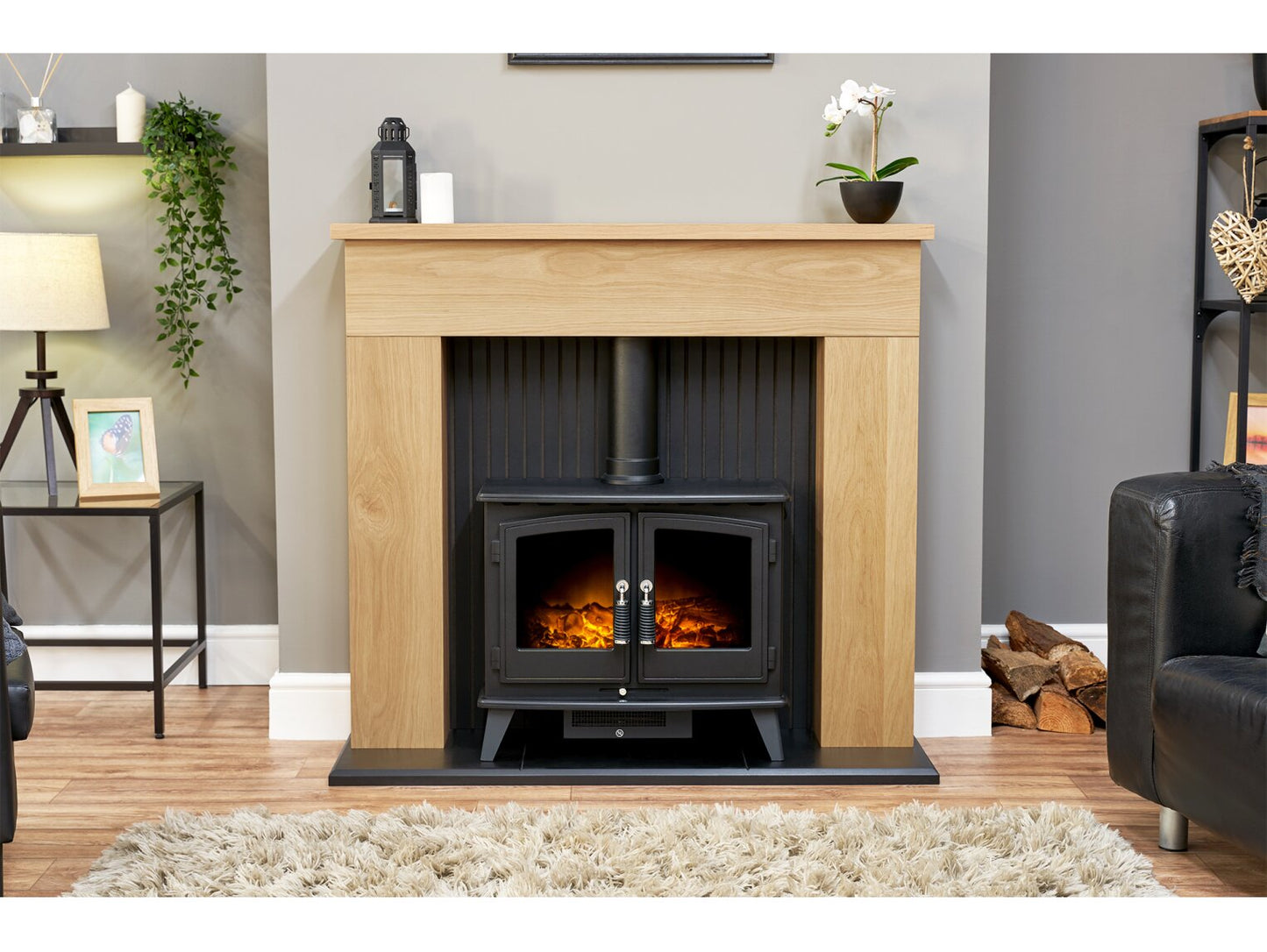 Innsbruck Stove Fireplace in Oak with Woodhouse Electric Stove in Black, 45 Inch