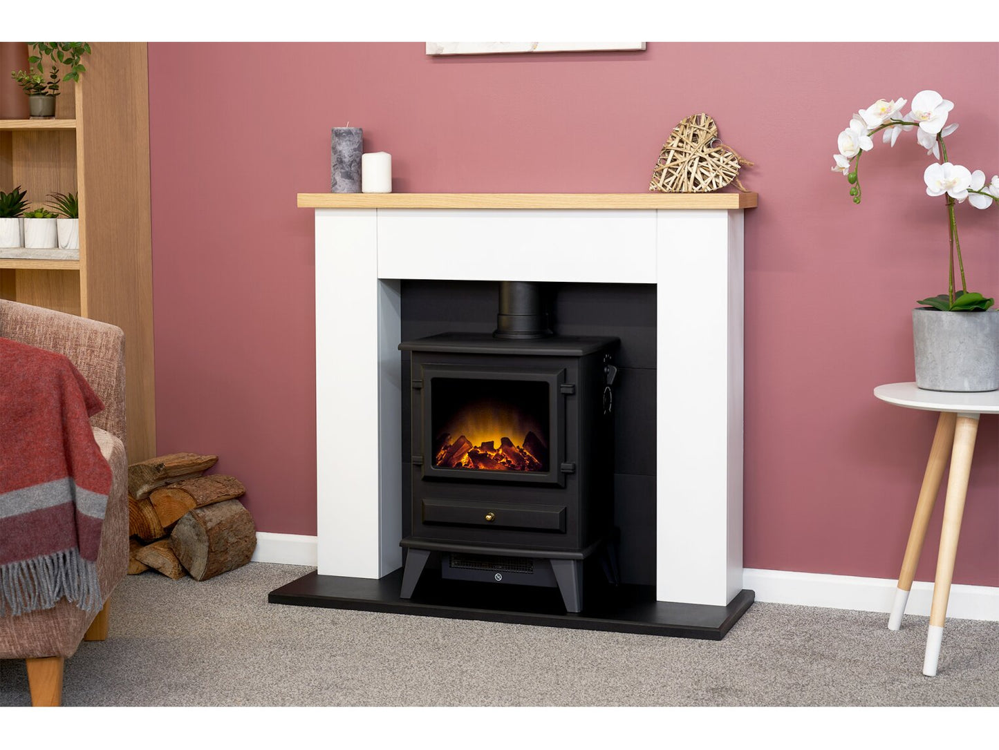 Chester Fireplace in Pure White with Hudson Electric Stove in Black, 39 Inch