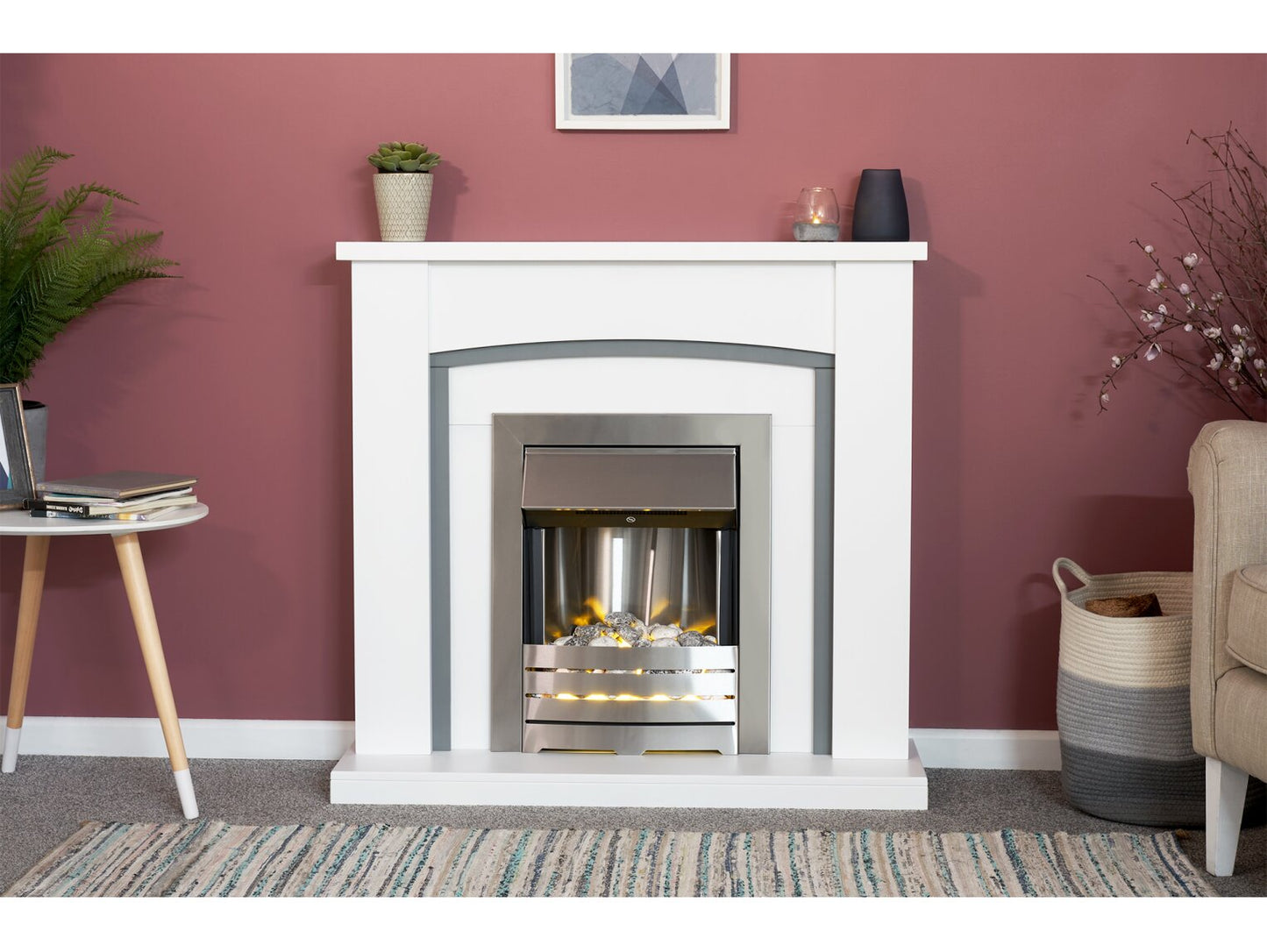 Chilton Fireplace in Pure White & Grey with Helios Electric Fire in Brushed Steel, 39 Inch