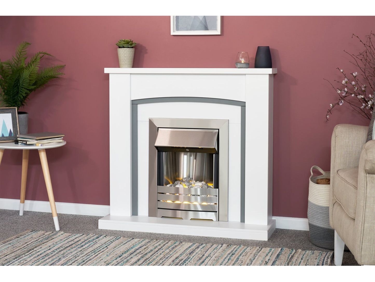 Chilton Fireplace in Pure White & Grey with Helios Electric Fire in Brushed Steel, 39 Inch