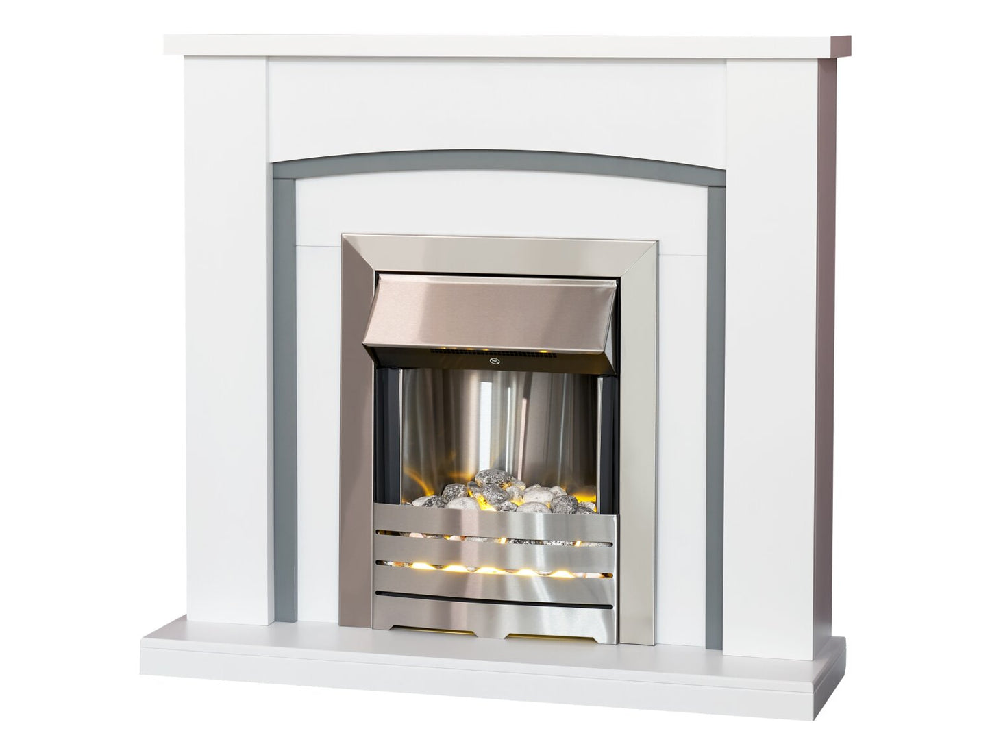 Chilton Fireplace in Pure White & Grey with Helios Electric Fire in Brushed Steel, 39 Inch