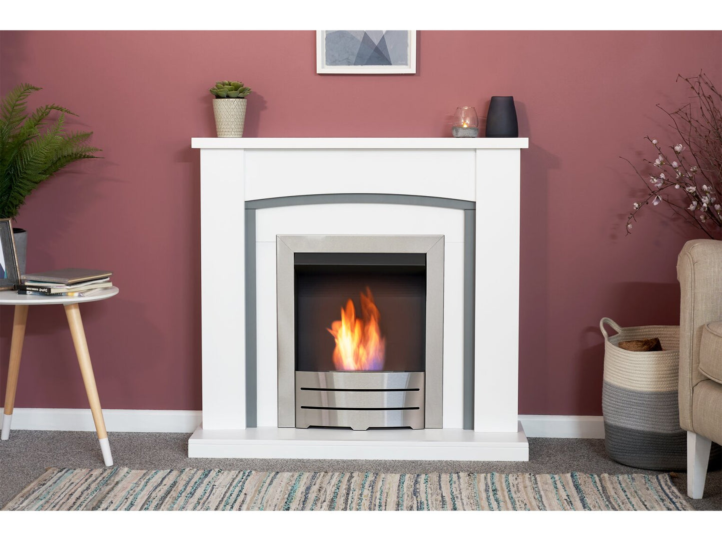 Chilton Fireplace in Pure White & Grey with Colorado Bio Ethanol Fire in Brushed Steel, 39 Inch