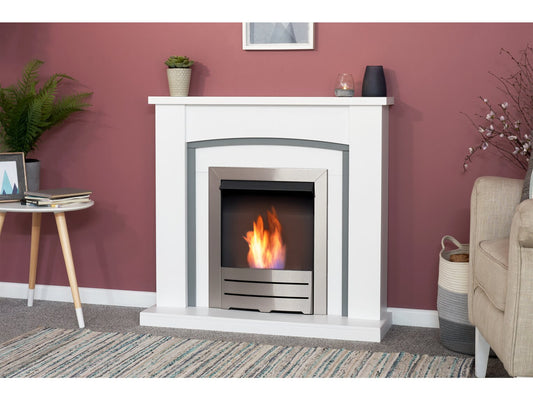 Chilton Fireplace in Pure White & Grey with Colorado Bio Ethanol Fire in Brushed Steel, 39 Inch