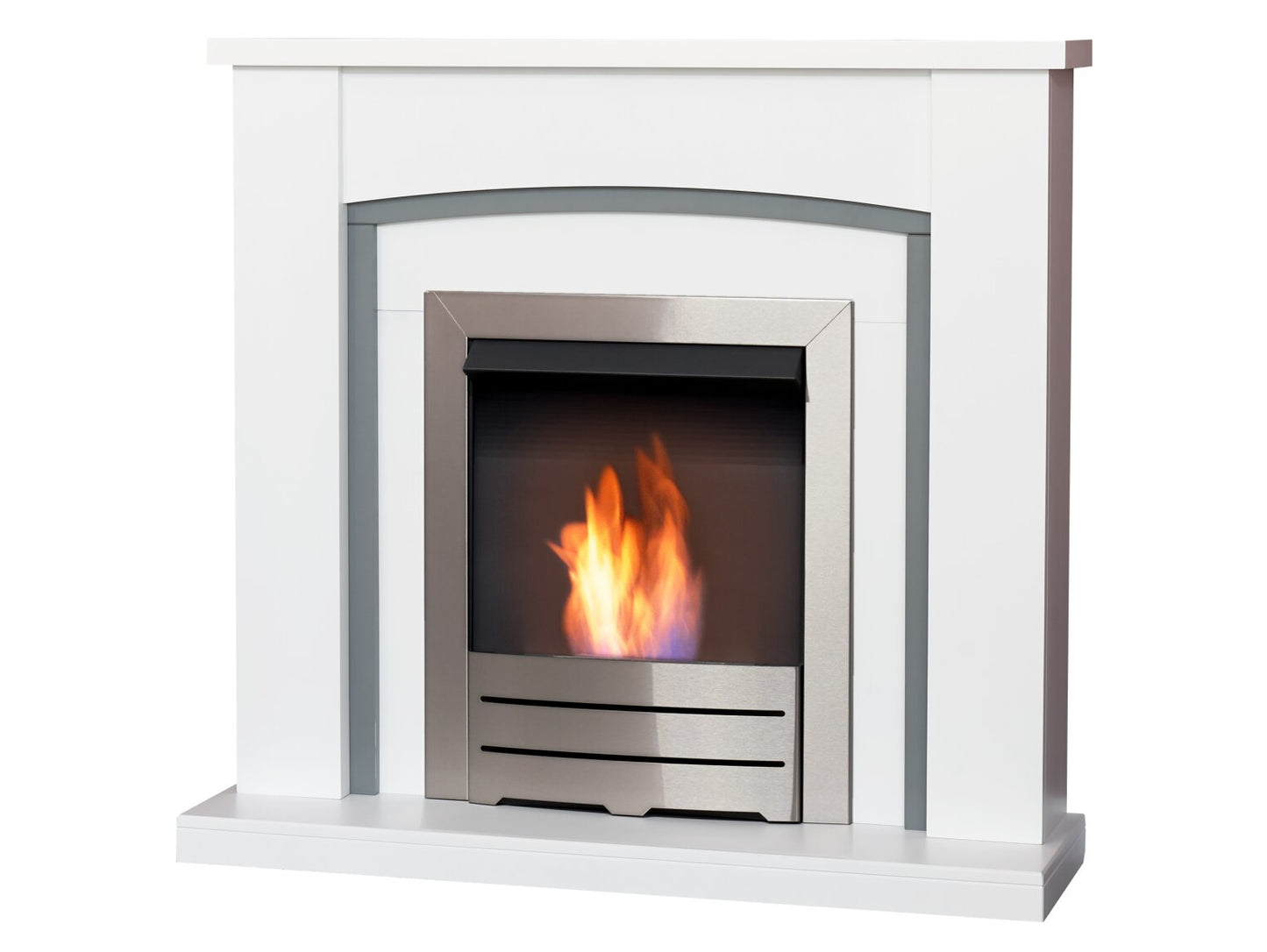 Chilton Fireplace in Pure White & Grey with Colorado Bio Ethanol Fire in Brushed Steel, 39 Inch