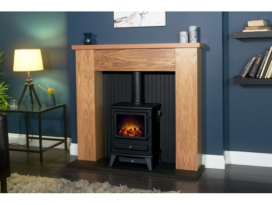 New England Stove Fireplace in Oak & Black with Hudson Electric Stove in Black, 48 Inch