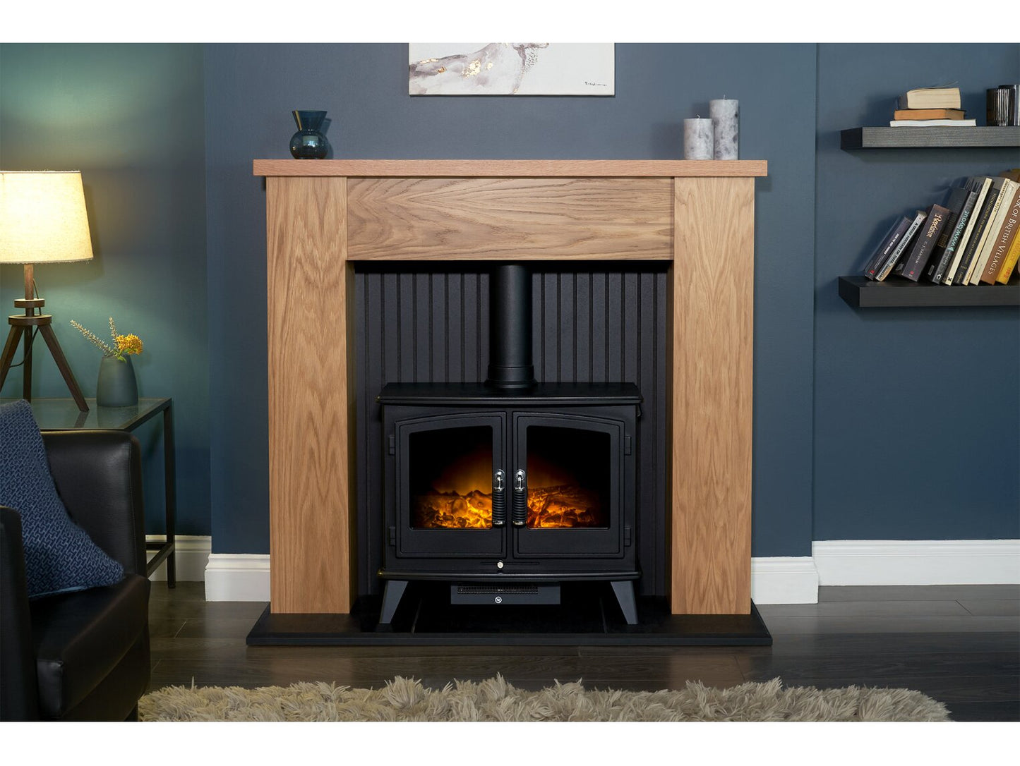 New England Stove Fireplace in Oak & Black with Woodhouse Electric Stove in Black, 48 Inch