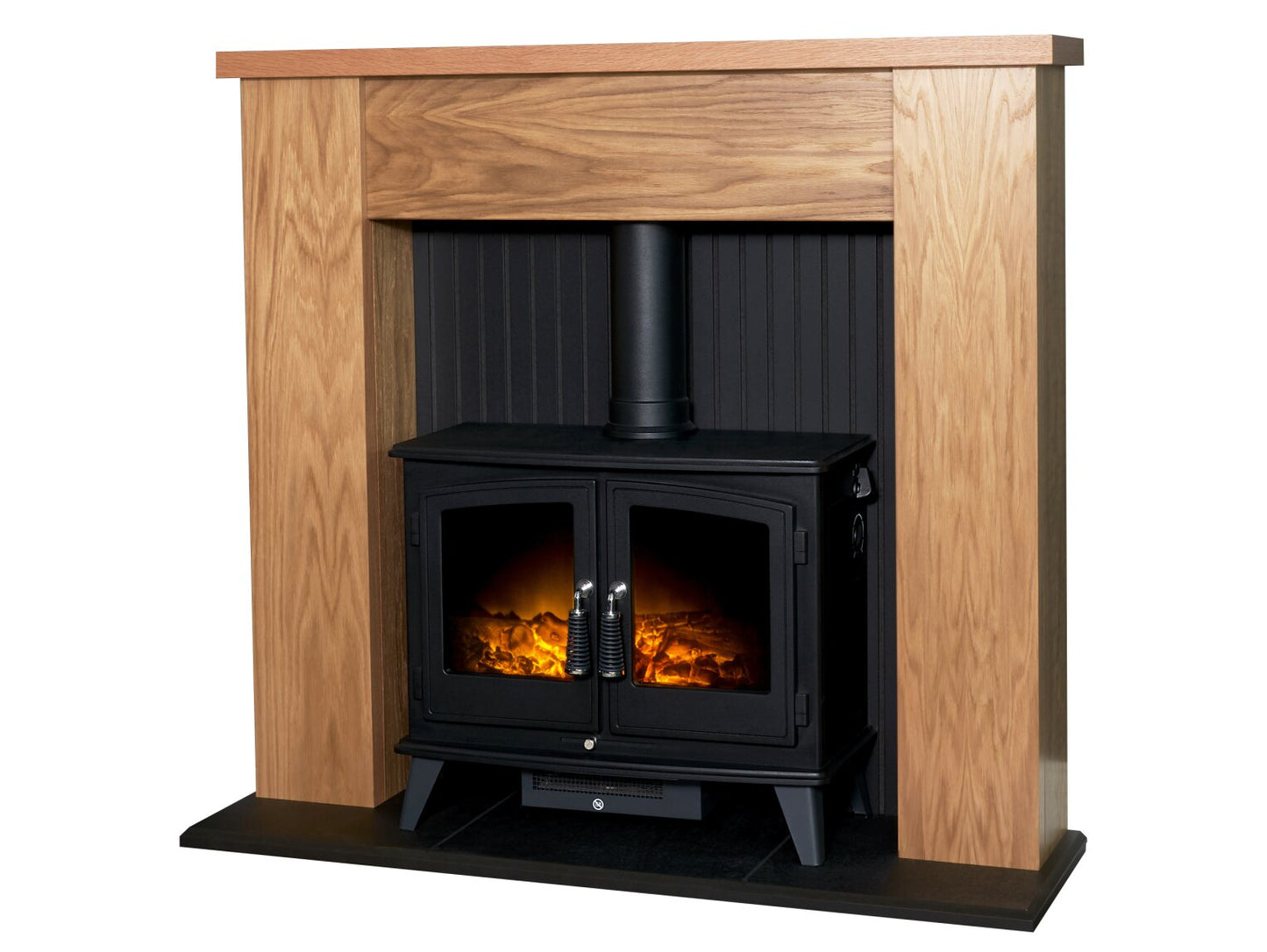 New England Stove Fireplace in Oak & Black with Woodhouse Electric Stove in Black, 48 Inch