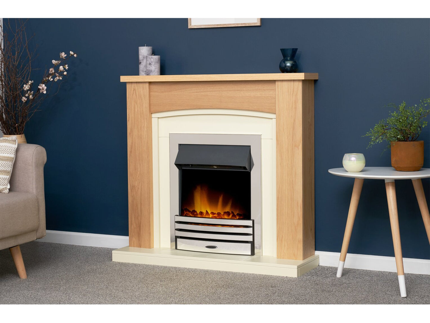 Chilton Fireplace in Oak & Cream with Eclipse Electric Fire in Chrome, 39 Inch