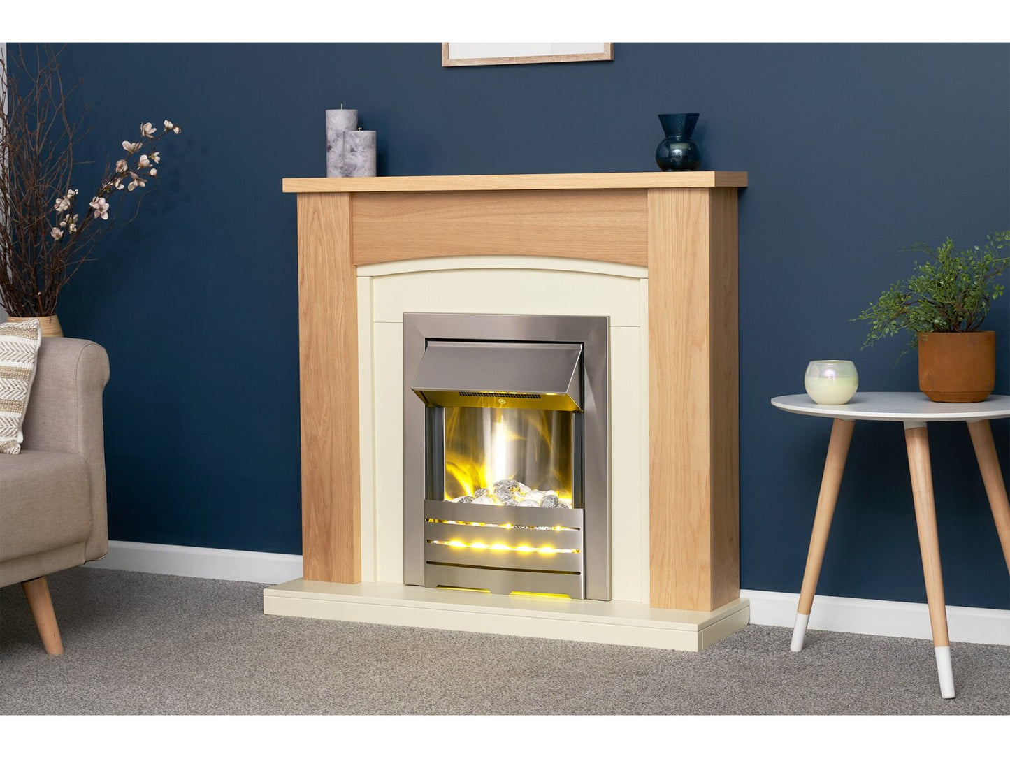 Chilton Fireplace in Oak & Cream with Helios Electric Fire in Brushed Steel, 39 Inch