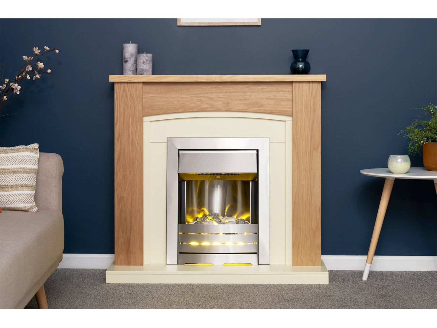 Chilton Fireplace in Oak & Cream with Helios Electric Fire in Brushed Steel, 39 Inch