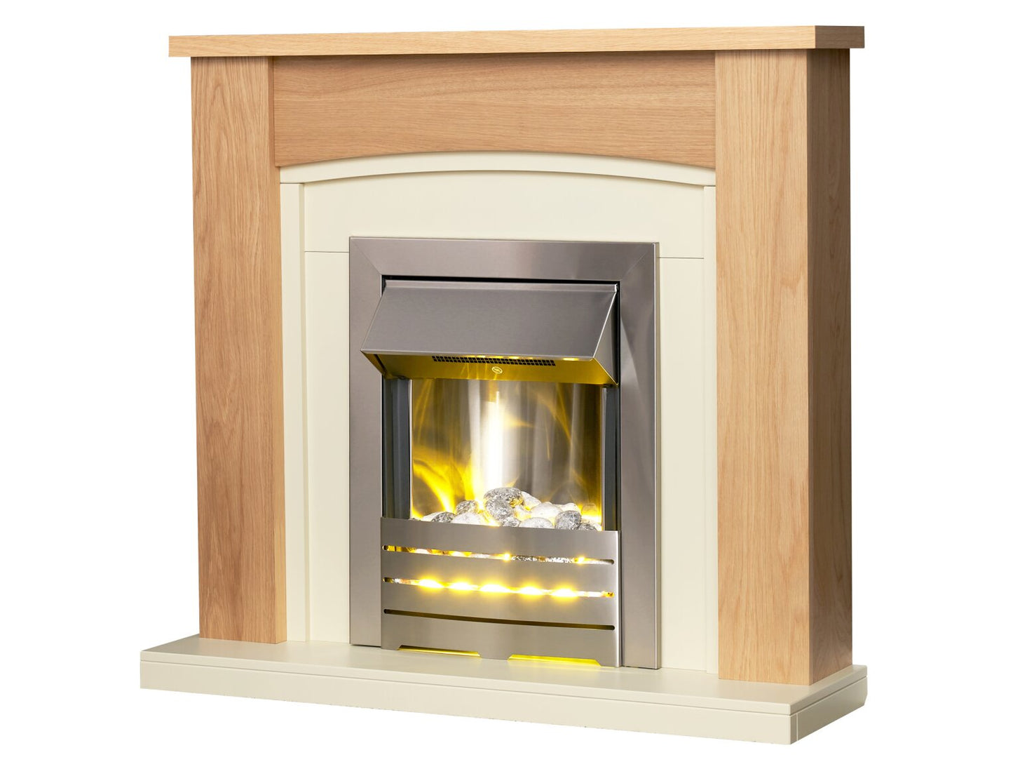 Chilton Fireplace in Oak & Cream with Helios Electric Fire in Brushed Steel, 39 Inch