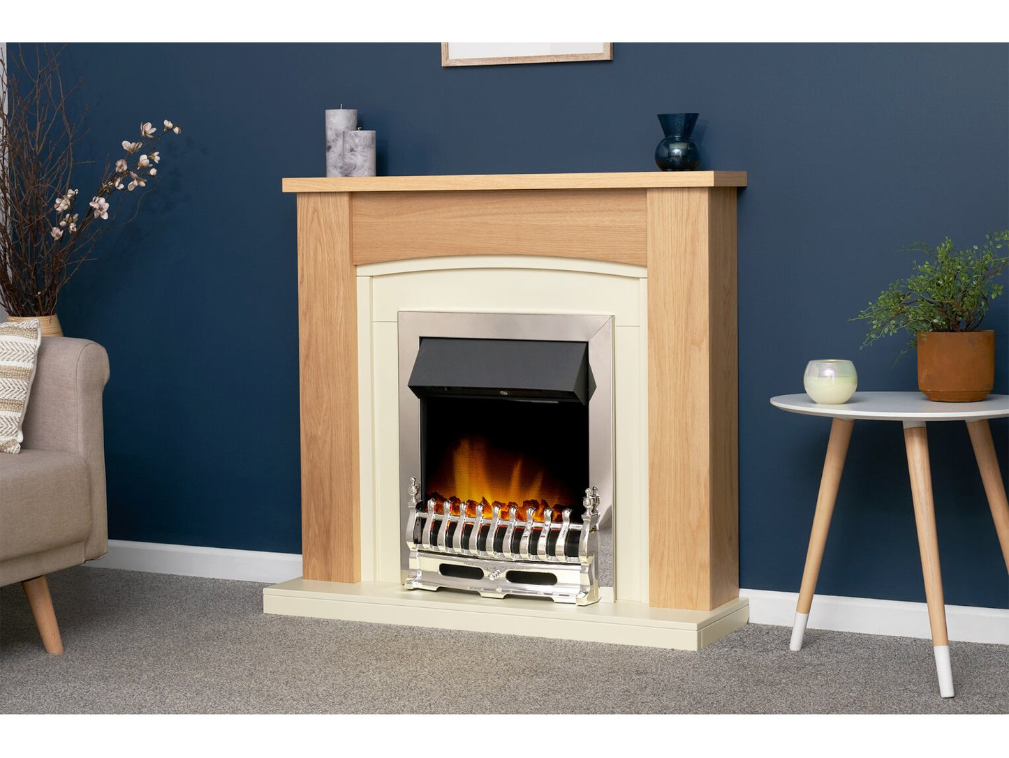 Chilton Fireplace in Oak & Cream with Blenheim Electric Fire in Chrome, 39 Inch