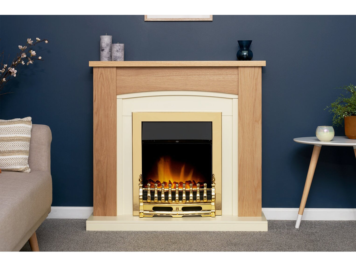 Chilton Fireplace in Oak & Cream with Blenheim Electric Fire in Brass, 39 Inch