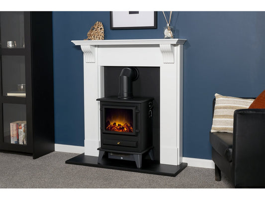 Harrogate Stove Fireplace in Pure White & Black with Hudson Electric Stove in Black, 39 Inch