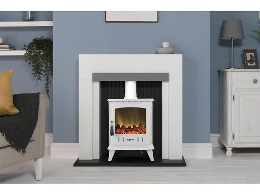 Salzburg in Pure White & Grey with Aviemore Electric Stove in White Enamel, 39 Inch