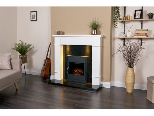 Linton Fireplace with Downlights in Pure White & Granite with Oslo Electric Fire, 48 Inch