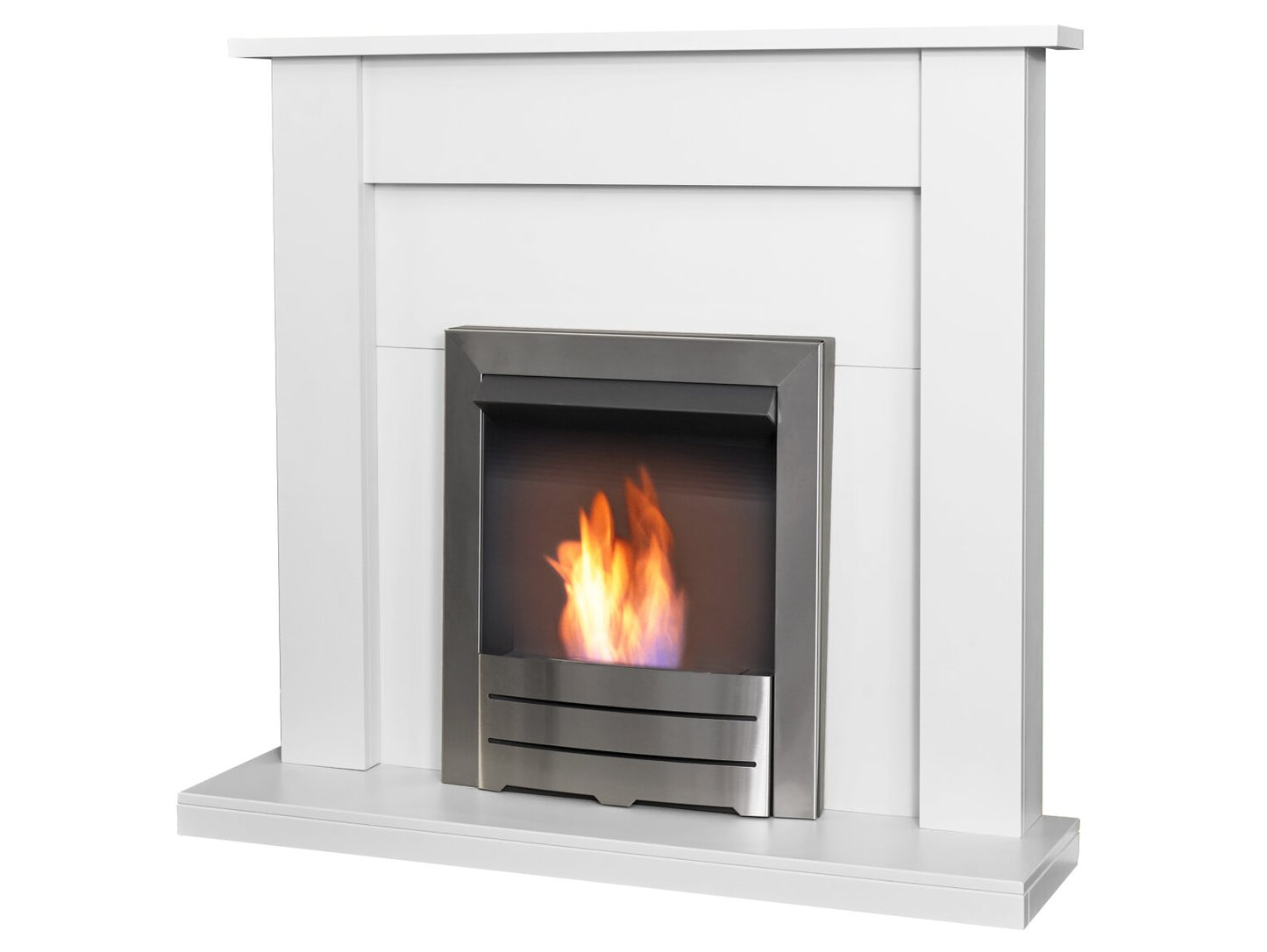 Sutton Fireplace in Pure White with Colorado Bio Ethanol Fire in Brushed Steel, 43 Inch