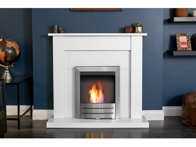 Sutton Fireplace in Pure White with Colorado Bio Ethanol Fire in Brushed Steel, 43 Inch