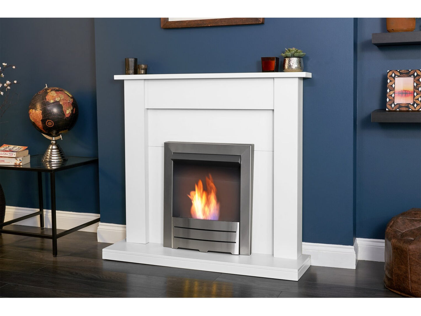 Sutton Fireplace in Pure White with Colorado Bio Ethanol Fire in Brushed Steel, 43 Inch