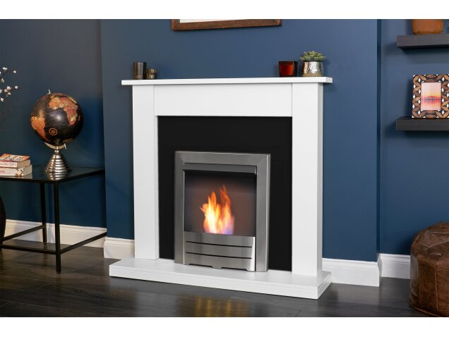 Sutton Fireplace in Pure White & Black with Colorado Bio Ethanol Fire in Brushed Steel, 43 Inch