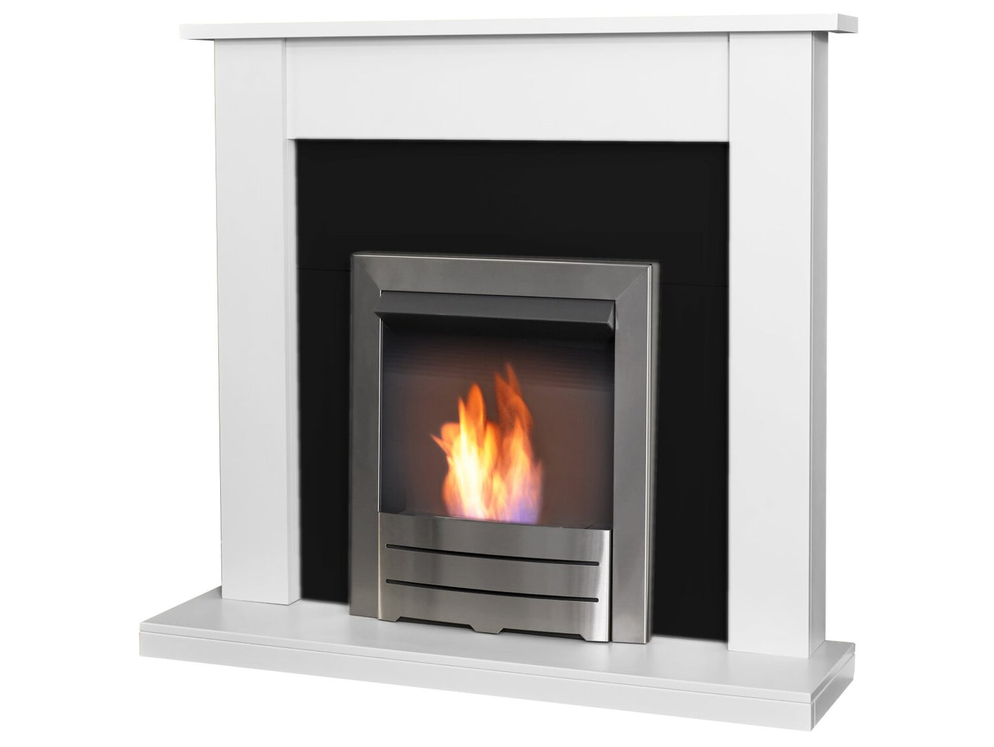 Sutton Fireplace in Pure White & Black with Colorado Bio Ethanol Fire in Brushed Steel, 43 Inch