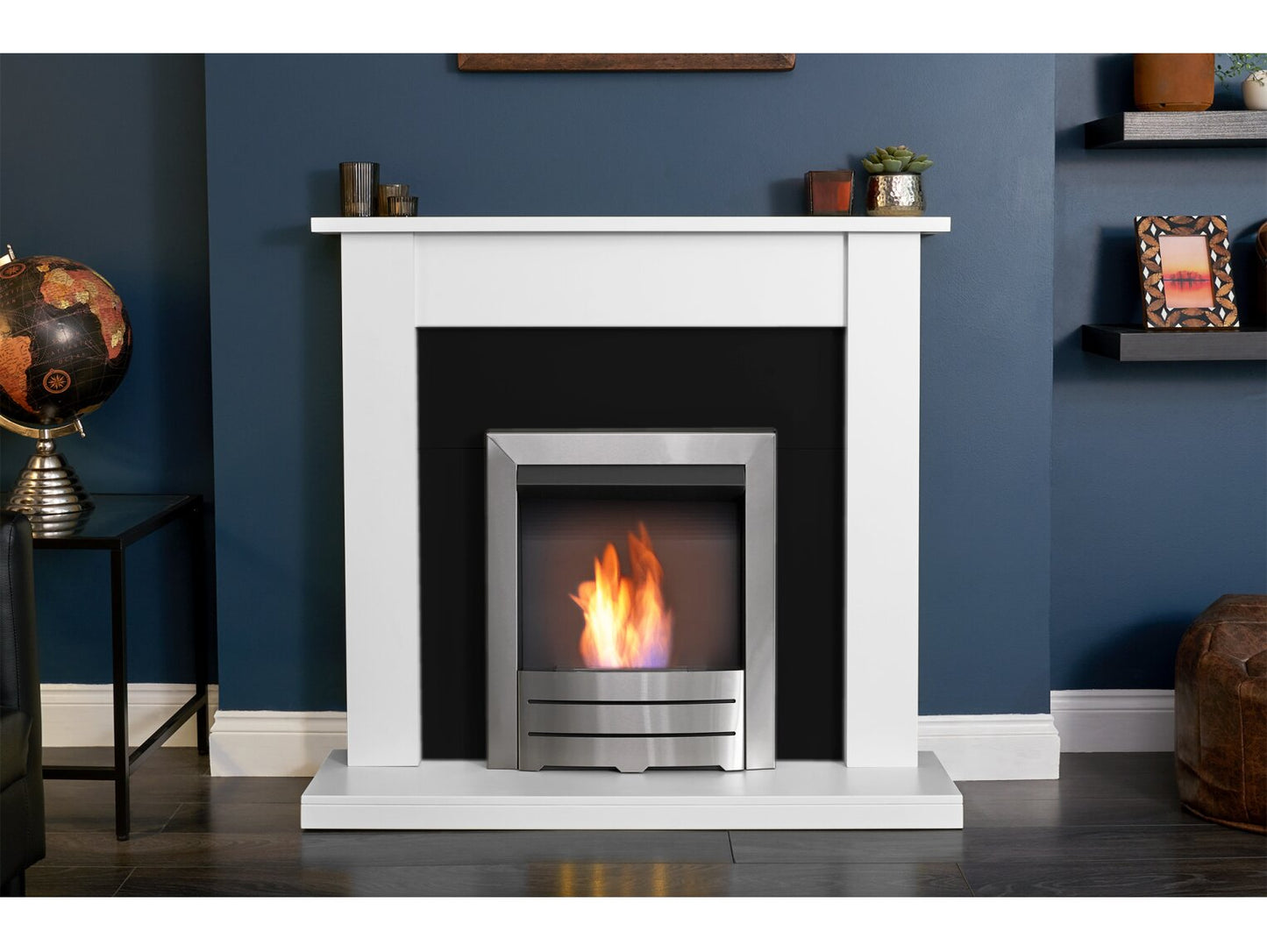 Sutton Fireplace in Pure White & Black with Colorado Bio Ethanol Fire in Brushed Steel, 43 Inch